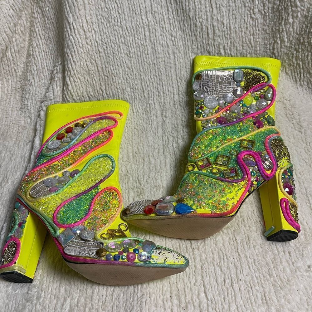 Rumbidra synthetic Neon green mid calf heel boots Colorful embellishments SZ11 - Picture 3 of 15